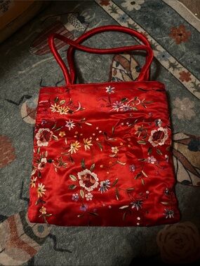 Red Embroidered Satin Tote Bag